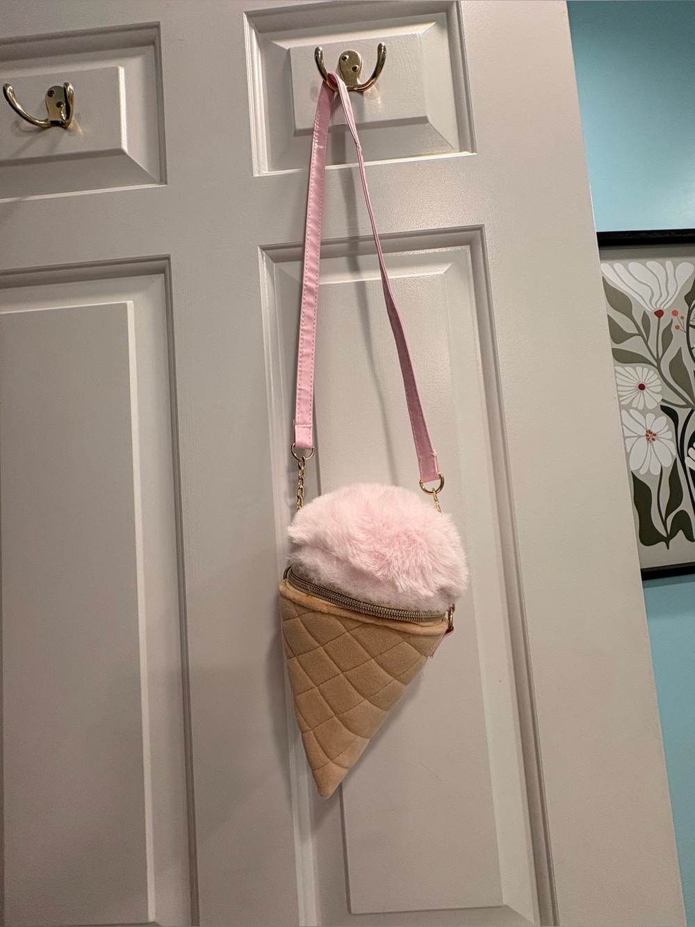 Ice Cream Cone Crossbody Bag - Pink Faux Fur & Beige Quilted Cone